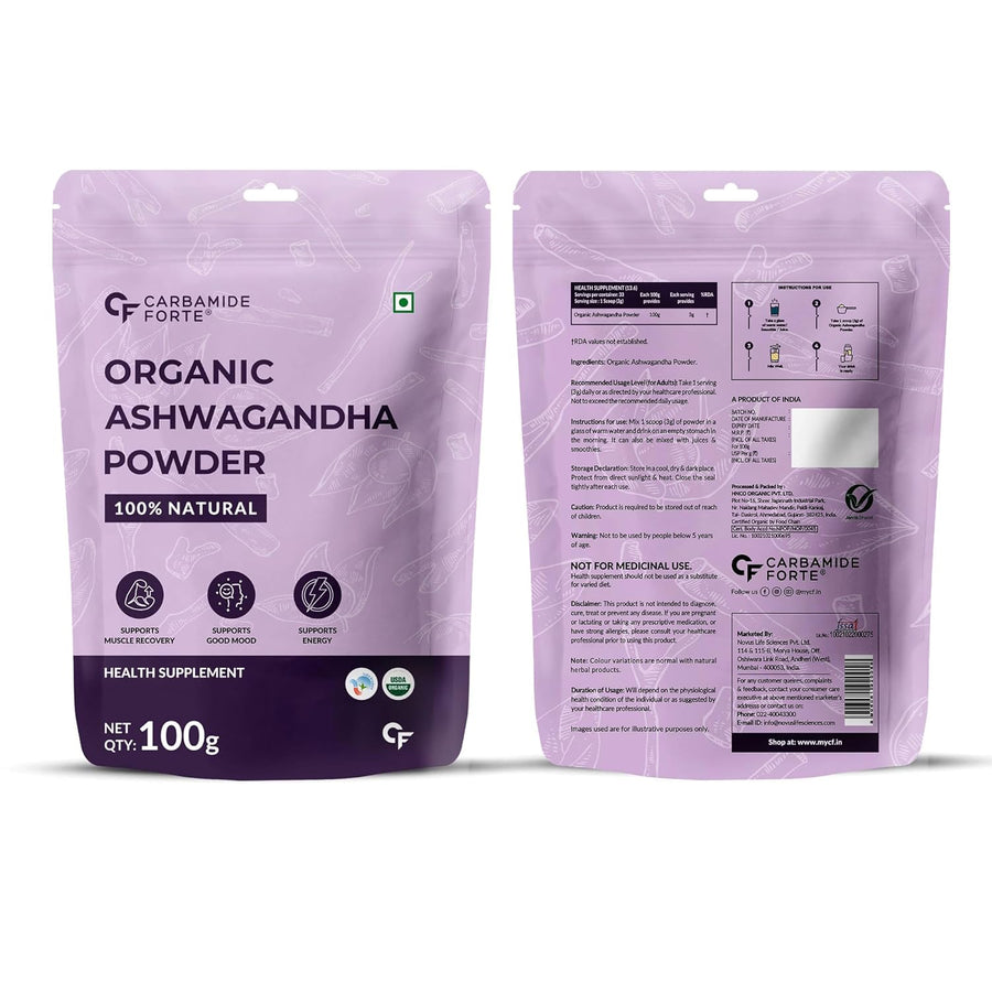 Carbamide Forte 100% Organic Ashwagandha Powder 100gm - Withania Somnifera | Pure Ashwagandha Powder Organic May Support Muscle Recovery & Boost Energy Level | USDA Certified Ashwagandha Supplements for Vitality, Strength & Stress Management