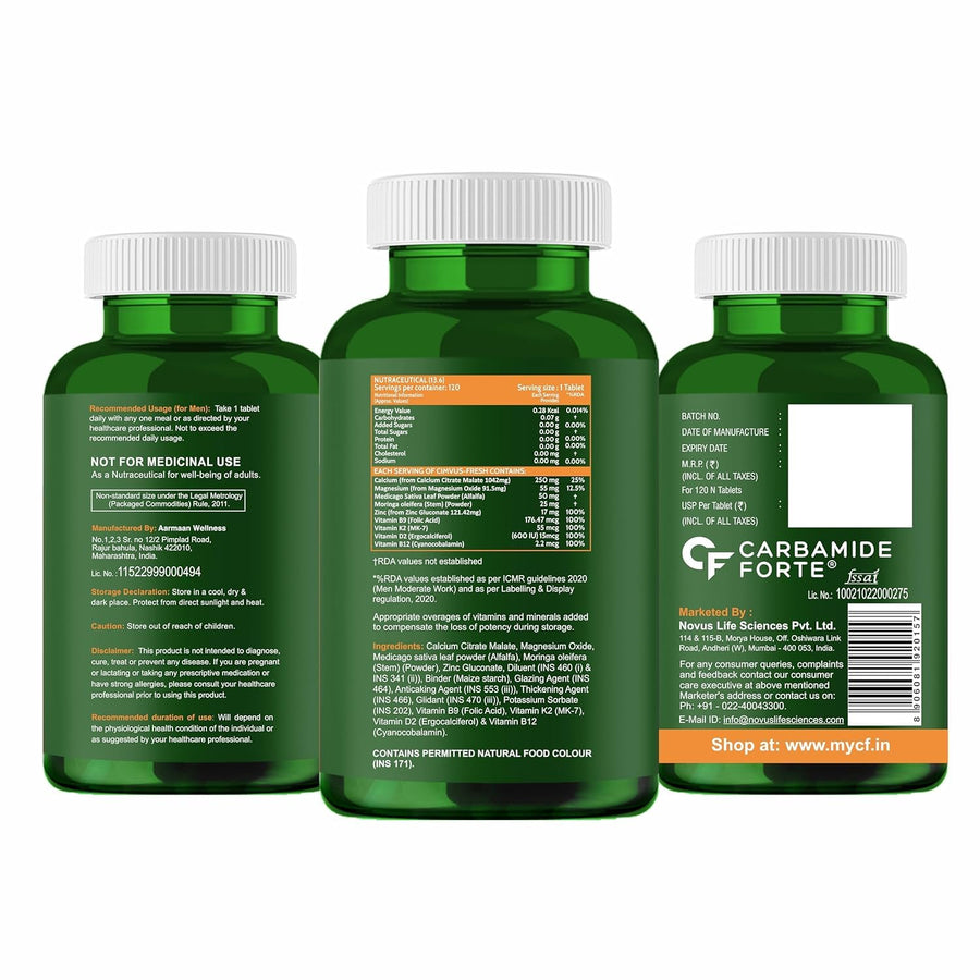 Carbamide Forte Calcium Tablets for Women & Men | Calcium Magnesium Zinc Tablets | Calcium Supplements for Men with Vitamin K2 MK7 & Vitamin B12 - Bone Health & Joint Support - 120 Tablet for Men