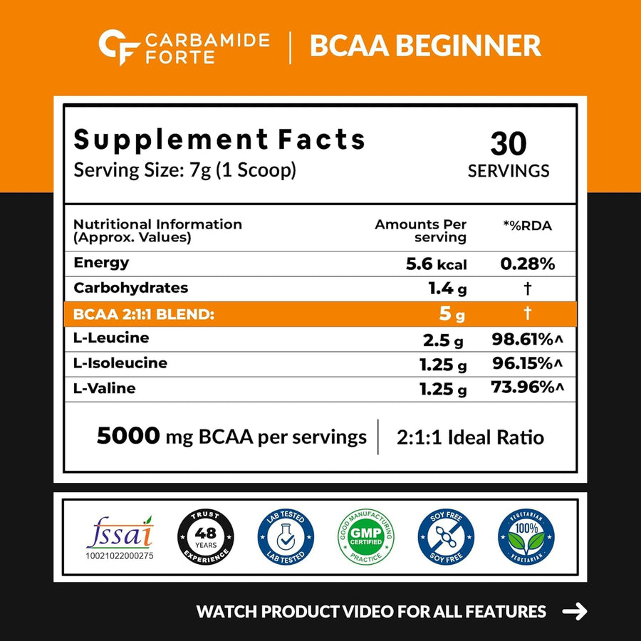 Carbamide Forte BCAA Powder 5000mg | BCAA Supplement For Women & Men Muscle Growth | BCAA Pre Workout & BCAA Intra Workout Supplement For Muscle Recovery | BCAA For Men | BCAA Supplements For Men & Women 7g Serving with Ideal 2:1:1 Ratio