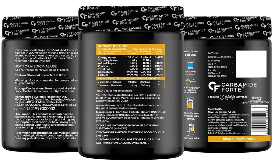 Carbamide Forte L Carnitine Powder for Men & Women | L-Carnitine L Tartrate 2000mg Supplement For Women & Men | L Carnitine Powder Pre Workout, Intra Workout & Post Workout Supplement | L Carnitine Supplement Mango Flavour - 150g