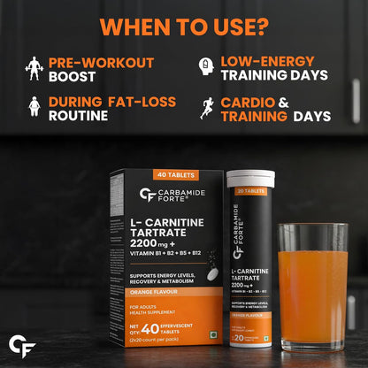 L-Carnitine Effervescent 2200mg with B-Complex Vitamins | Orange Flavour | 40 Tablets