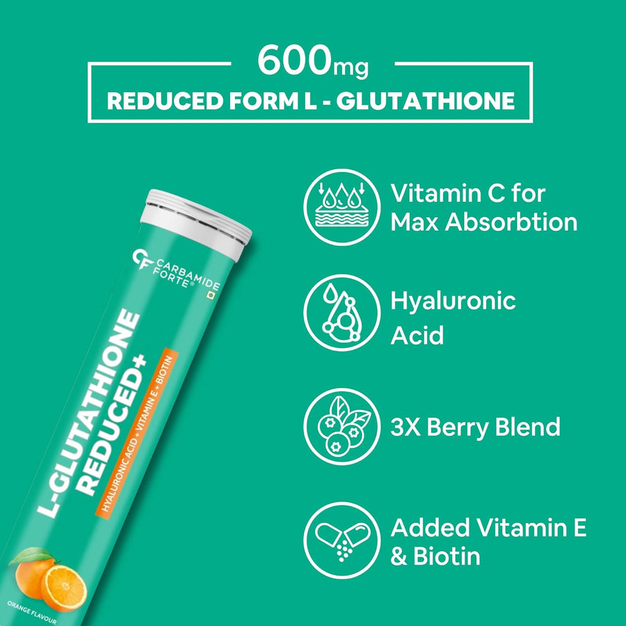 Carbamide Forte Japanese Reduced L Glutathione Tablet 600mg for Skin Health | L Glutathione with Vitamin C Hyaluronic Acid, Vitamin E,& Biotin– 15 Glutathione Effervescent Tablets