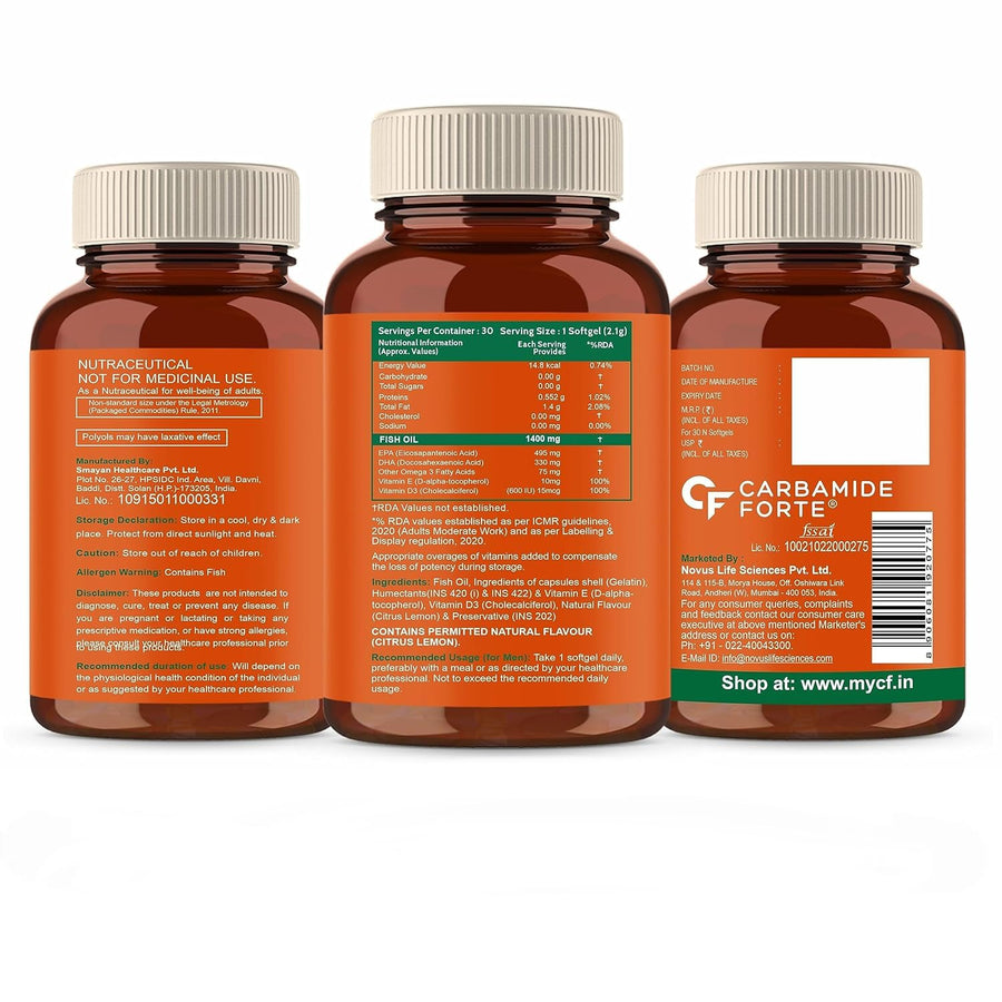 Carbamide Forte Triple Strength Omega 3 Fish Oil Capsules 1400mg | Fatty Acid Supplements | Fish Oil | Omega 3 Supplement - 30 Capsules