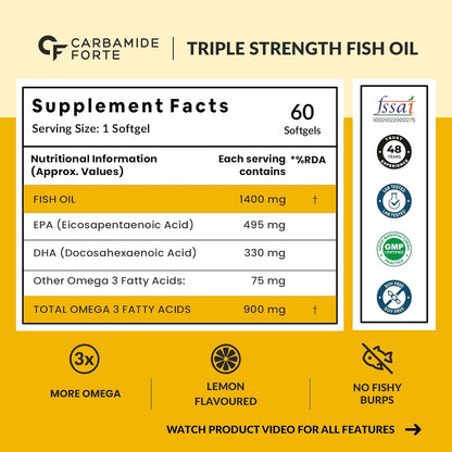 Carbamide Forte Triple Strength Fish Oil 1400mg with Omega 3 900mg for Men & Women -Softgel Capsules 60 Count