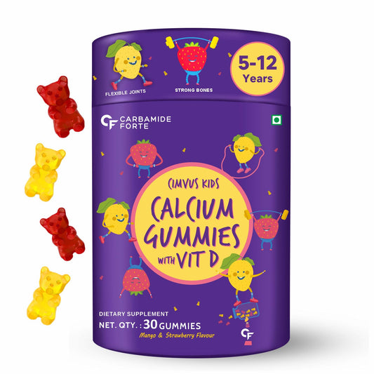 Carbamide Forte Calcium with Vitamin D Gummies for Kids | Calcium Gummies for Kids for Stronger Bones, Joints & Teeth & Immunity - Mango & Strawberry Flavour - 30 Veg Gummies