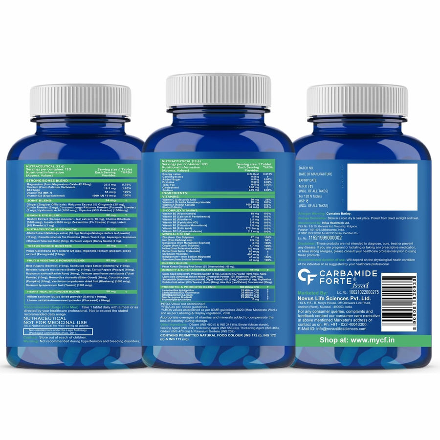 Carbamide Forte Multivitamin Tablet For Men | Multi vitamin For Men With Probiotics For Immunity & Energy | Multivitamin Supplement With Zinc, Multivitamins, Multiminerals - 120 Veg Tablets