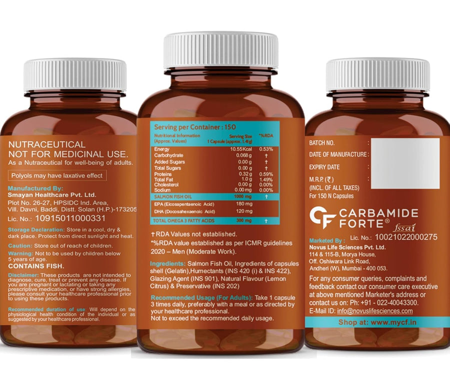 Carbamide Forte Omega 3 fish oil capsules | Salmon Fish Oil Omega 3 Capsule 1000mg | Omega 3 supplement with Omega 3 Fatty Acid , EPA 180 mg & DHA 120 mg | Fish Oil Omega 3 for Heart, Joints, Bones & Skin | 150 Omega 3 Capsules