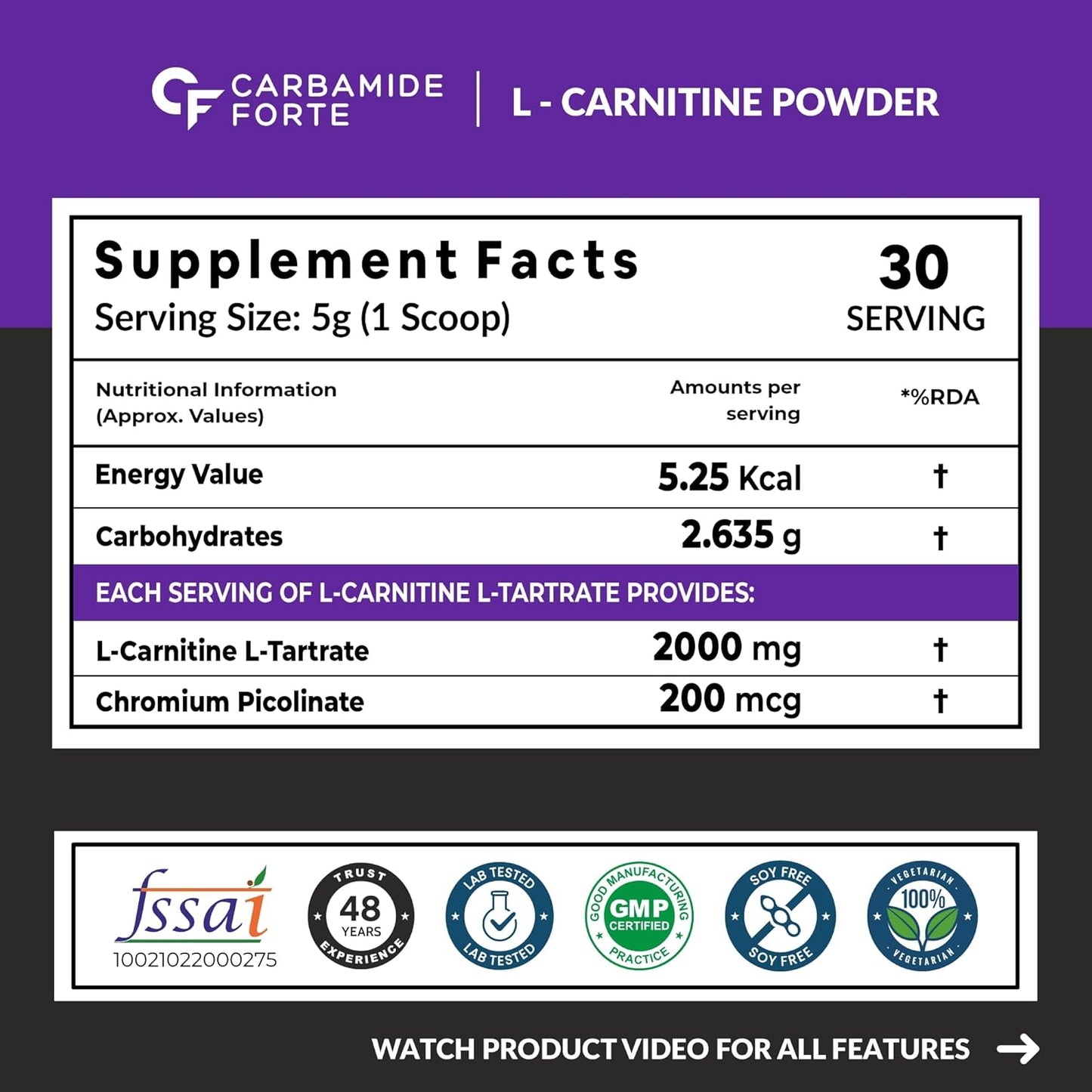 Carbamide Forte L Carnitine L Tartrate 2000mg Powder for Pre & Post Workout - Blackcurrant Flavour - 150g