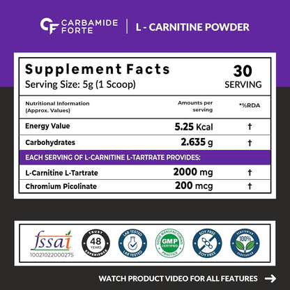 Carbamide Forte L Carnitine L Tartrate 2000mg Powder for Pre & Post Workout - Blackcurrant Flavour - 150g