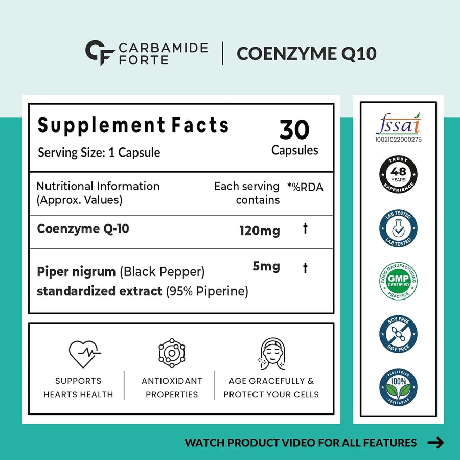 Carbamide Forte Coenzyme Q10 (Coq10 Supplement) 120Mg Supplement With Piperine 5Mg | Coq 10 120Mg Supports Heart Health & Cellular Energy 30 Capsules