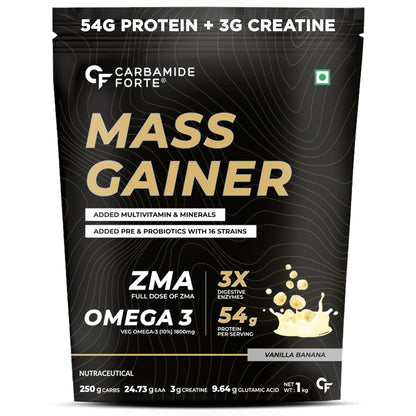 Carbamide Forte Mass Gainer with 54g Protein, 250g Carbs, Multivitamin, ZMA & Creatine 3g - Weight Gainer for Men & Women - Vanilla Banana Flavour - 1kg