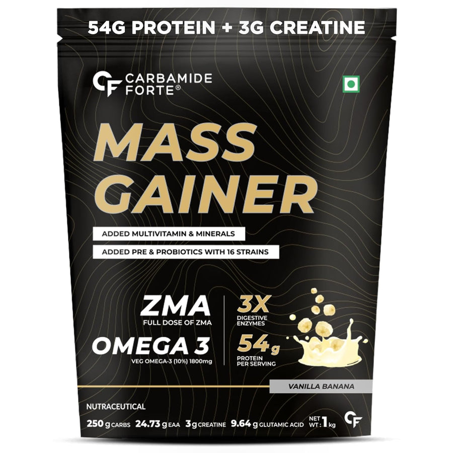 Carbamide Forte Mass Gainer with 54g Protein, 250g Carbs, Multivitamin, ZMA & Creatine 3g - Weight Gainer for Men & Women - Vanilla Banana Flavour - 1kg