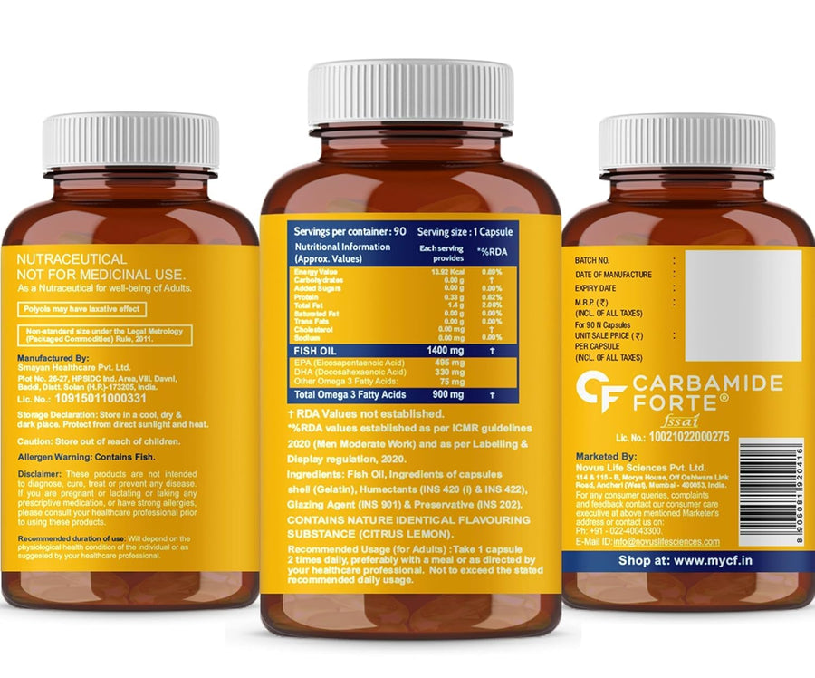 Carbamide Forte Triple Strength Fish Oil 1400mg with Omega 3 900mg for Men & Women - Softgel Capsules 90 Count