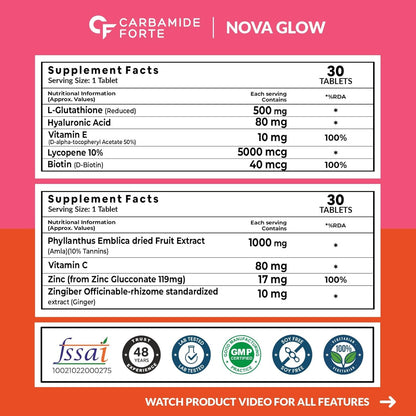 Carbamide Forte Japanese Reduced L Glutathione Tablets with Vitamin C from Amla Extract, Collagen, Lycopene Combo Pack for Skin Health (1000mg) - 30 Veg Tablets Each