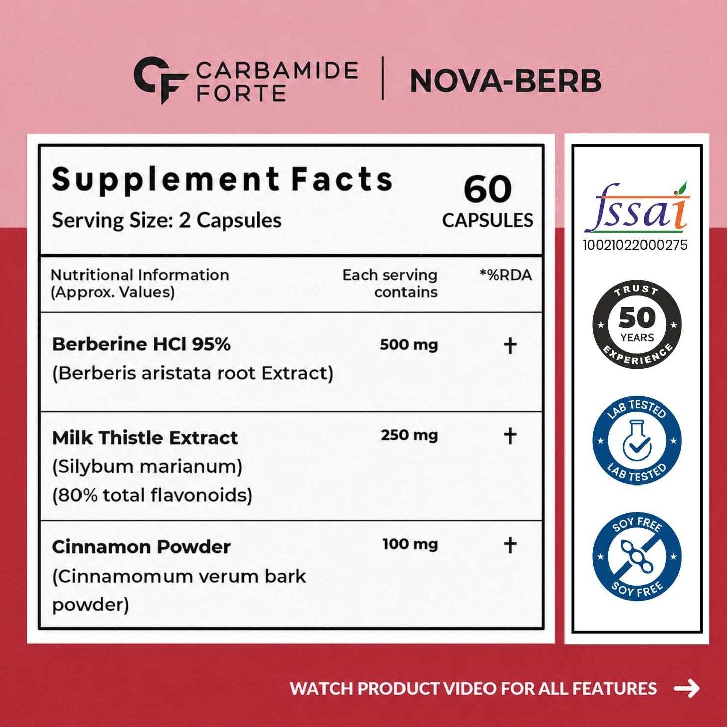95% Berberine 500 mg with Milk Thistle & Cinnamon | 60 Capsules