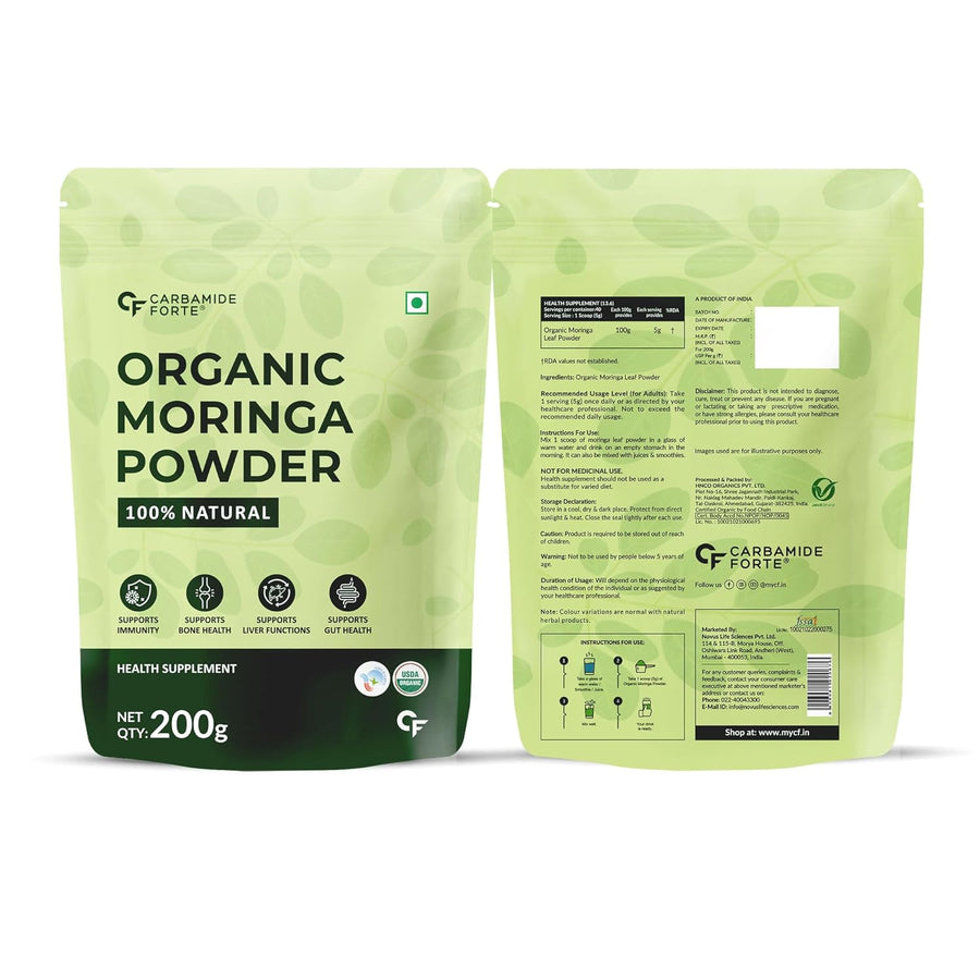 Carbamide Forte 100% Organic Moringa Powder - Moringa Oleifera - USDA Certified | Moringa Leaves Powder | Moringa Powder Organic for Immunity, Digestion & Energy | Drumstick Leaves Powder - 200g