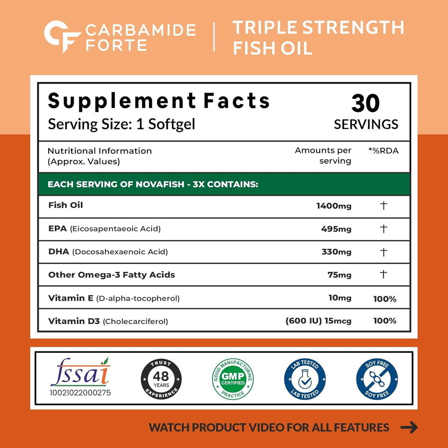 Carbamide Forte Triple Strength Omega 3 Fish Oil Capsules 1400mg | Fatty Acid Supplements | Fish Oil | Omega 3 Supplement - 30 Capsules
