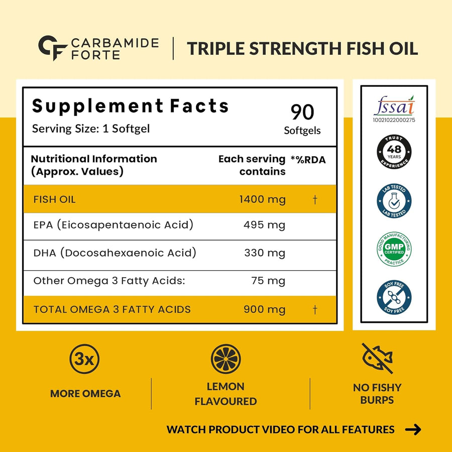 Carbamide Forte Triple Strength Fish Oil 1400mg with Omega 3 900mg for Men & Women - Softgel Capsules 90 Count