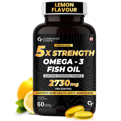 Carbamide Forte 5X Strength Omega 3 fish oil capsules 2730mg with Omega 3 supplement 1590mg and added vitamin A, D, E & Aloevera for Men & Women - Softgel Capsules 60 Count