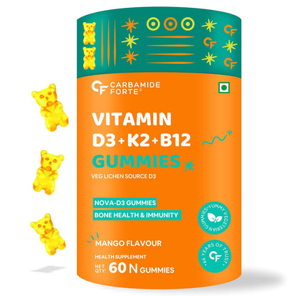 Carbamide Forte Vitamin D3 K2 MK7 & B12 Gummies | Vitamin B12 supplements | Vitamin D3 supplement & b12 for Women, Men & Kids | Mango Flavoured - 60 Veg Gummies