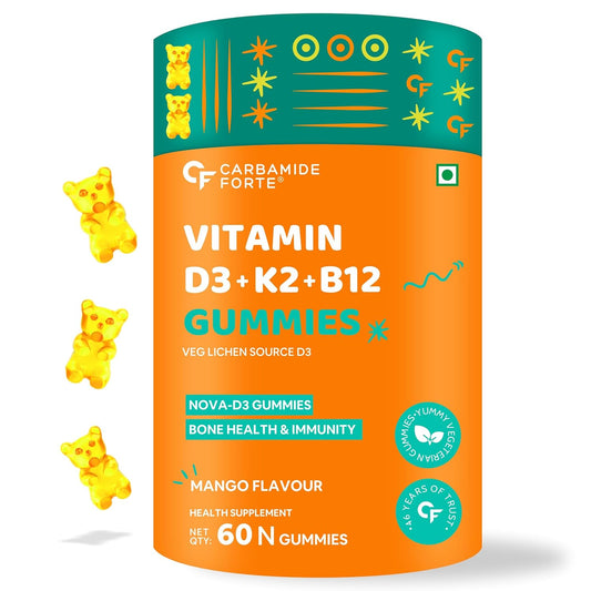 Carbamide Forte Vitamin D3 K2 MK7 & B12 Gummies | Vitamin B12 supplements | Vitamin D3 supplement & b12 for Women, Men & Kids | Mango Flavoured - 60 Veg Gummies