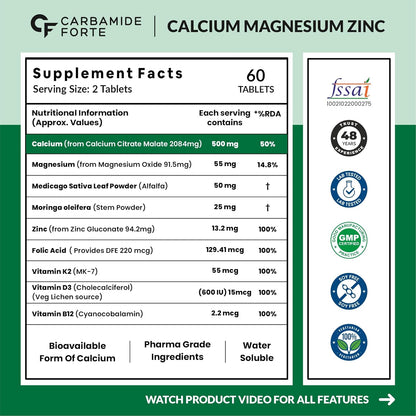 Carbamide Forte Calcium & Vitamin D3 Tablets | Calcium Tablets for Women & Man | Calcium Magnesium Zinc Tablets | Calcium Supplements for Men with Calcium Citrate, Calcium Tablet with Vitamin K2 MK7 & Vitamin B12