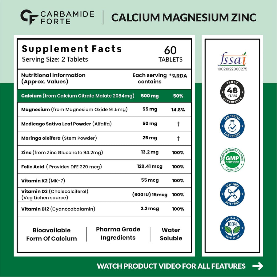 Carbamide Forte Calcium & Vitamin D3 Tablets | Calcium Tablets for Women & Man | Calcium Magnesium Zinc Tablets | Calcium Supplements for Men with Calcium Citrate, Calcium Tablet with Vitamin K2 MK7 & Vitamin B12