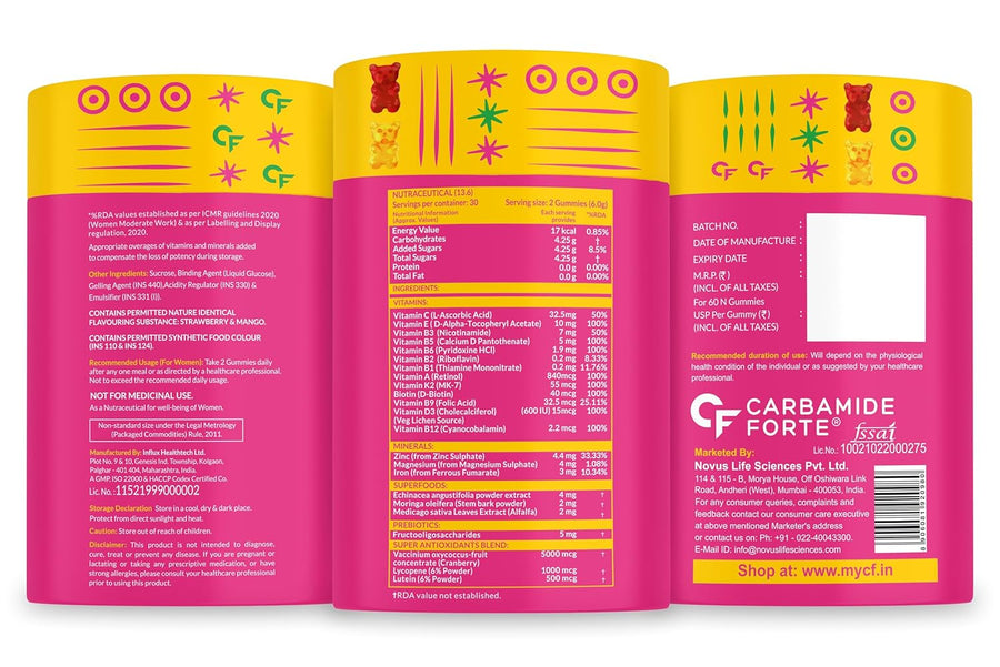 Carbamide Forte Multivitamin Gummies for Women | Multivitamin for Women' s Hair, Skin & Nails, with Biotin & Antioxidants for Immunity & Probiotics for Digestion | 23 Ingredients - 60 Veg Gummies