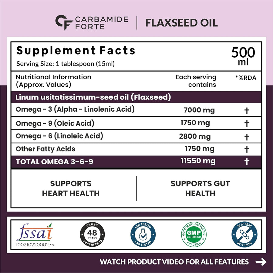 Carbamide Forte Cold Pressed Flaxseed Oil with 11500mg Omega 3 6 9 per Serving for Eating, Skin & Hair Growth - 500ml Vegetarian Oil