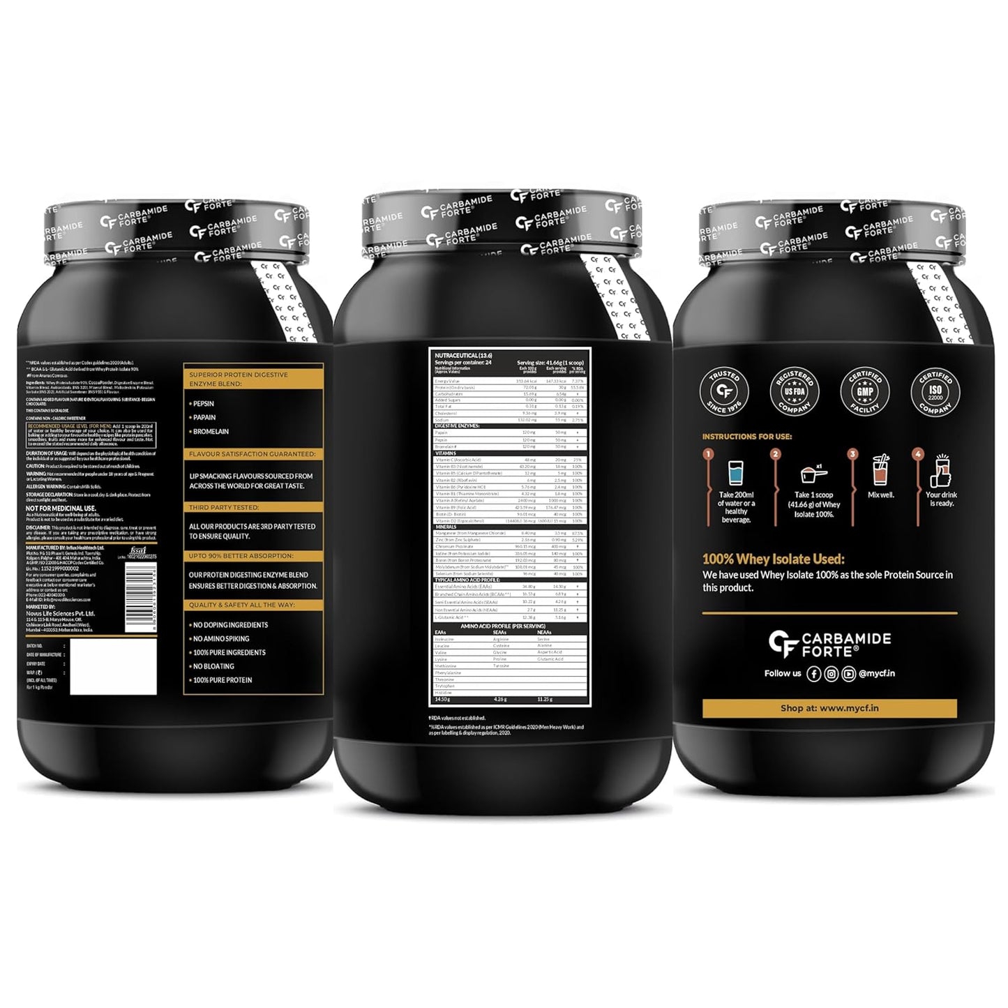 Carbamide Forte Whey Protein Powder Isolate | 100% Pure Protein Powder for Men | 30g Protein per serving with Isolate Whey Protein | 3X digestive Enzymes | 6.89g BCAA | 14.50g EAA | 0g added sugar | Belgian Chocolate Flavour - 1Kg