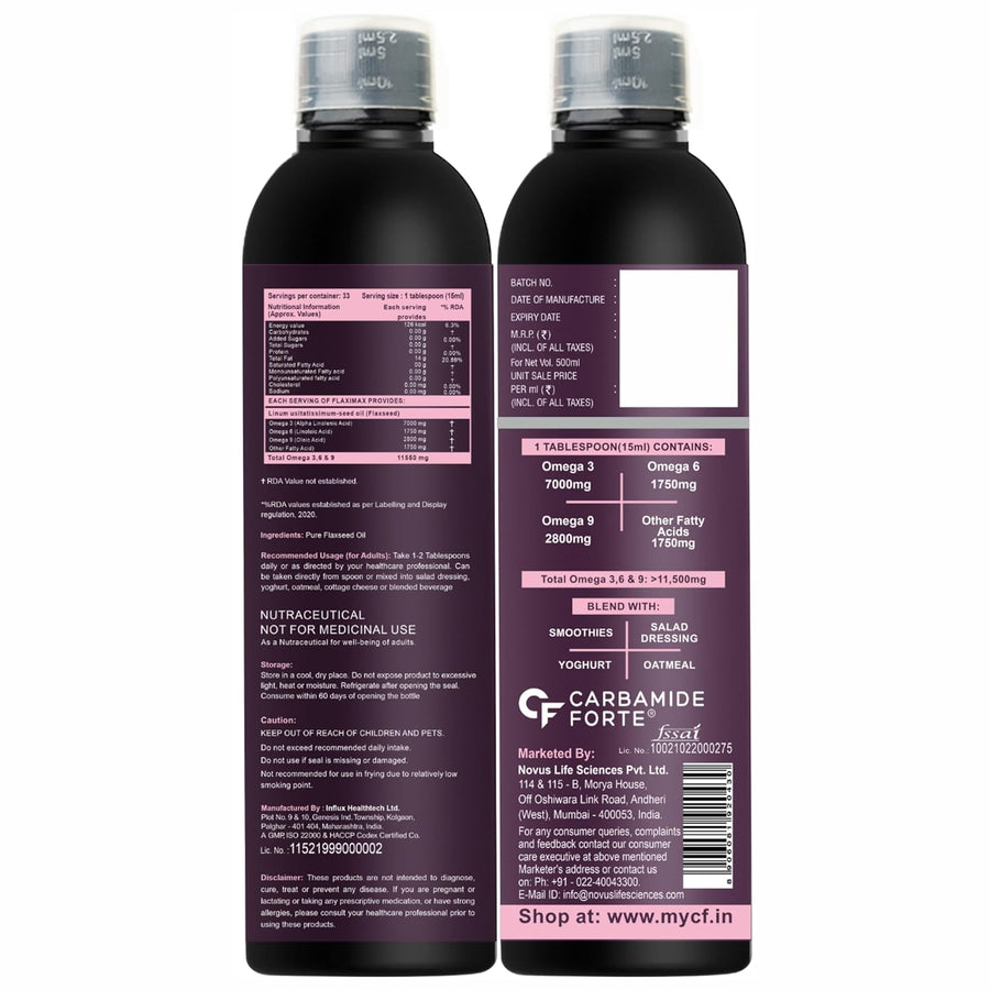 Carbamide Forte Cold Pressed Flaxseed Oil with 11500mg Omega 3 6 9 per Serving for Eating, Skin & Hair Growth - 500ml Vegetarian Oil