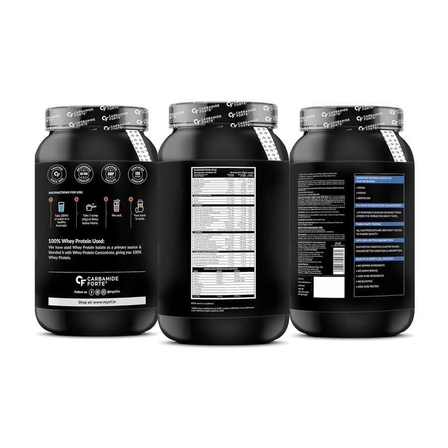 Carbamide Forte Whey Isolate Matrix | Isolate Protein Powder | 30g Protein per serving with Isolate Whey Protein | 3X digestive Enzymes | 6.85g BCAA | 14.17g EAA | 0g added sugar | Belgian Chocolate Flavour - 1Kg