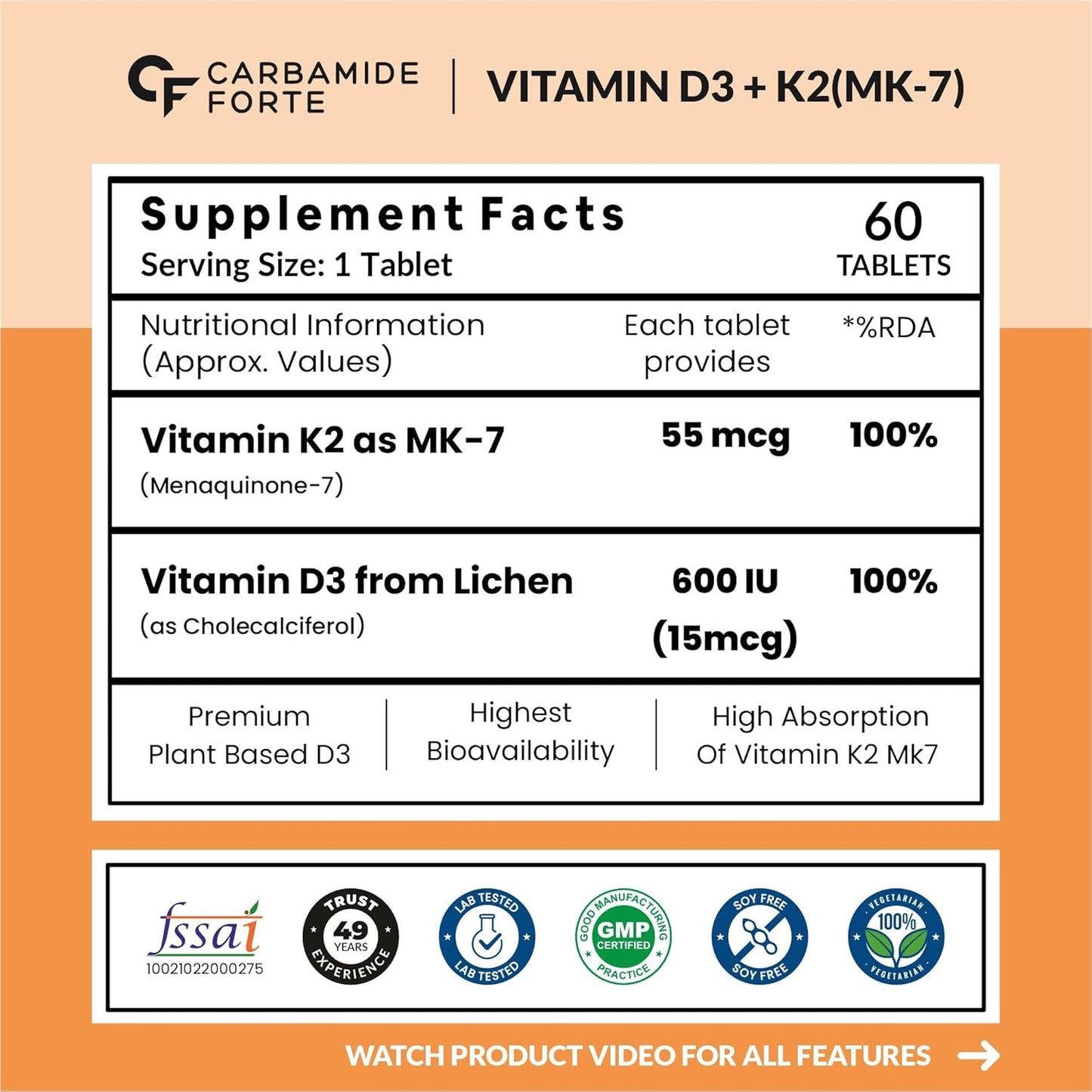 Vitamin D3 K2 Supplement | Veg D3 - Lichen - 60 Tablets