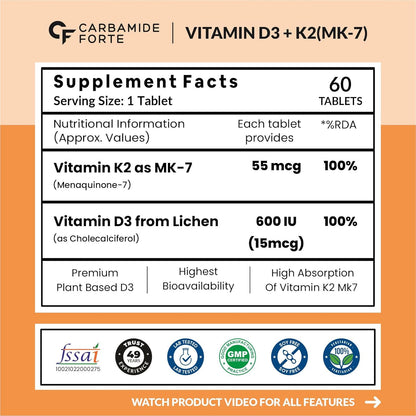 Vitamin D3 K2 Supplement | Veg D3 - Lichen - 60 Tablets