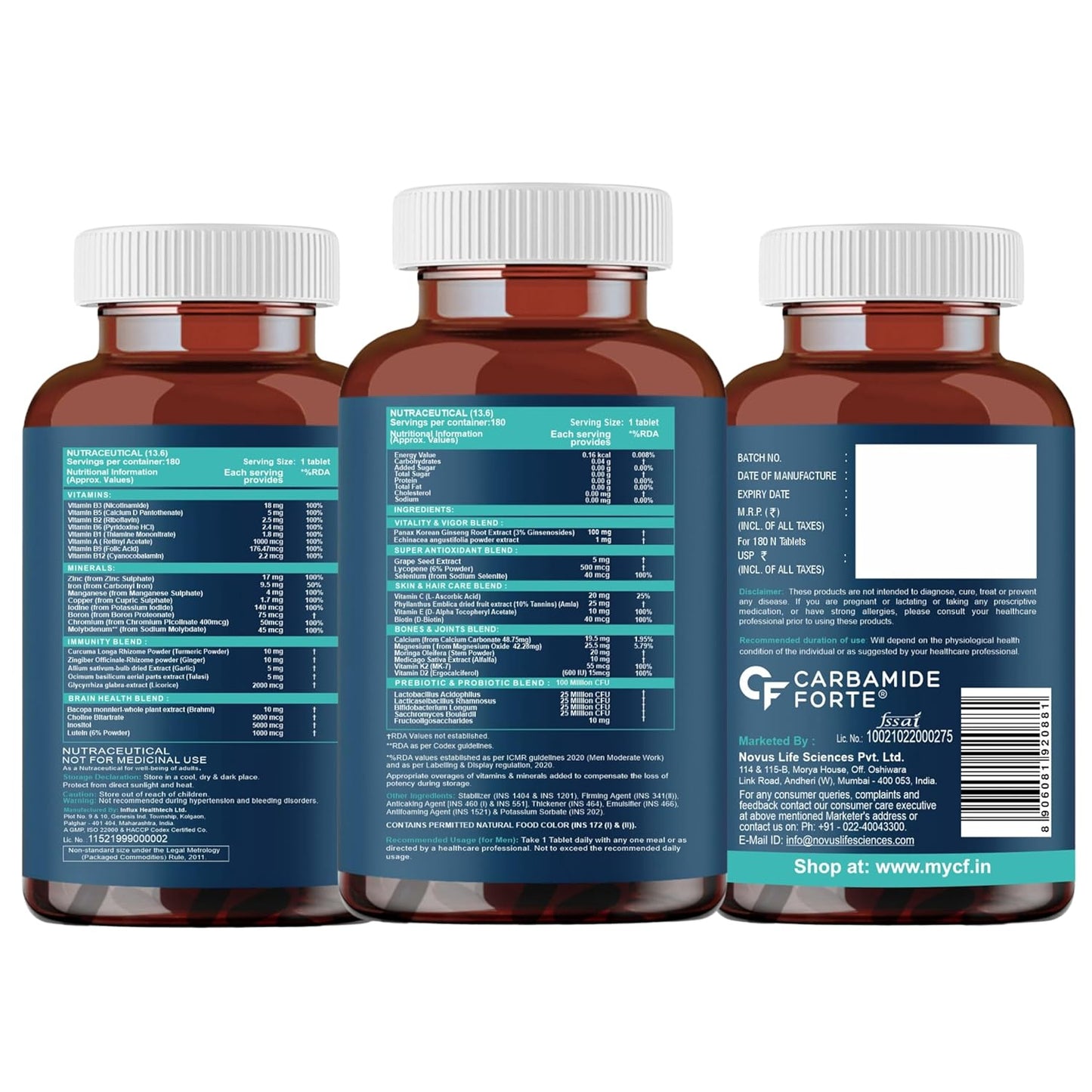 Carbamide Forte Multivitamin Tablet For Men | Multi vitamin for Men with Ginseng | Multivitamin With Probiotics For Immunity & Energy | Multivitamin with Zinc- 180 Veg Tablets
