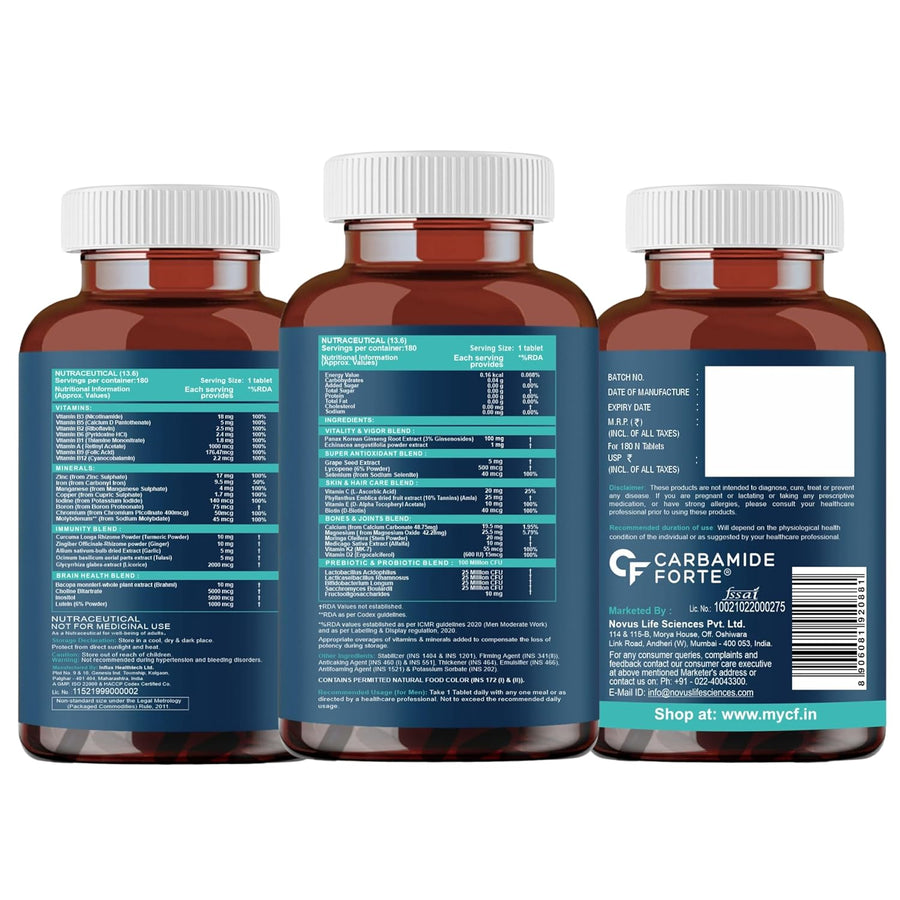 Carbamide Forte Multivitamin Tablet For Men | Multi vitamin for Men with Ginseng | Multivitamin With Probiotics For Immunity & Energy | Multivitamin with Zinc- 180 Veg Tablets
