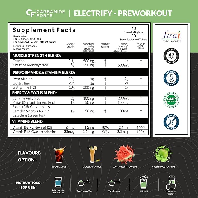 Carbamide Forte Pre Workout Powder | Pre Workout Supplement for Men and Women | Preworkout Supplement with Taurine & Creatine Monohydrate for Energy, Focus & Strength | Green Apple Flavour – 40 Servings - 200g