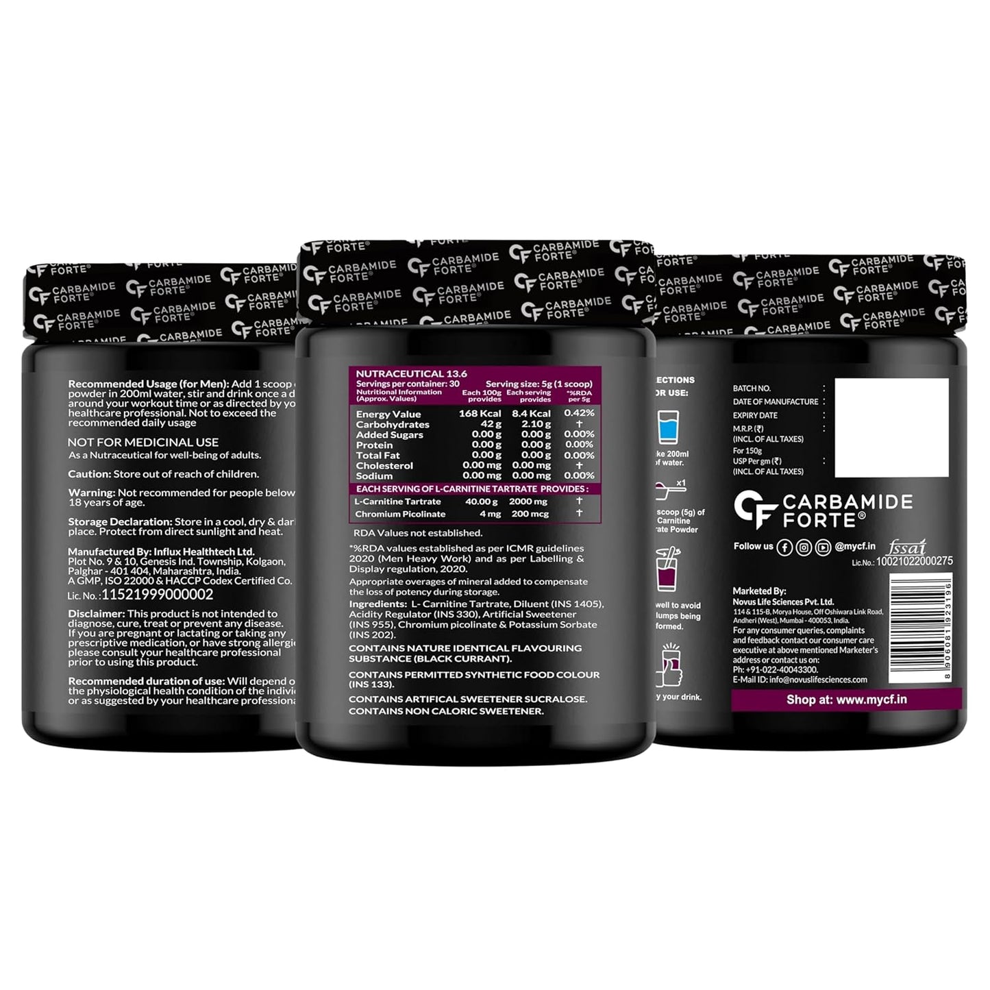 Carbamide Forte L Carnitine L Tartrate 2000mg Powder for Pre & Post Workout - Blackcurrant Flavour - 150g