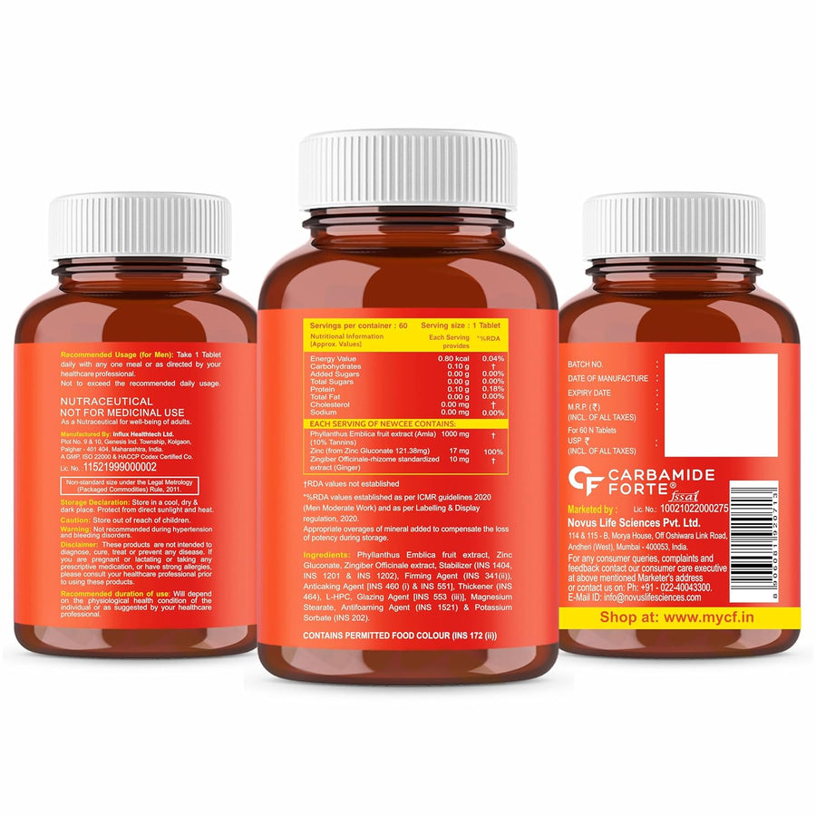 Carbamide Forte Natural Vitamin C Supplements Amla Extract With Zinc For Immunity & Skincare | Vitamin C Tablets | Vitamin C Supplements - 60 Tablets