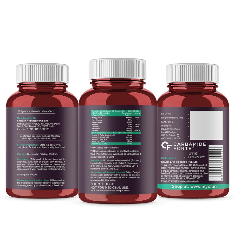 Carbamide Forte Cold Pressed Flaxseed Oil Omega 3 6 9 Capsules (1250mg) for Men and Women | Omega 3 Supplement | Omega 369 | Flaxseed Oil Omega3 Capsule | Omega Fatty Acid - 60 Capsules