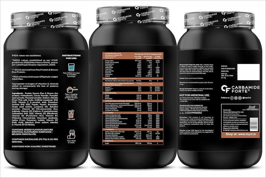 Carbamide Forte Plant Protein Powder For Men - Plant Based Protein Powder with Multivitamin, Minerals, Superfoods, Pea Protein, Digestive Enzymes - Belgian Chocolate Flavour - 1kg