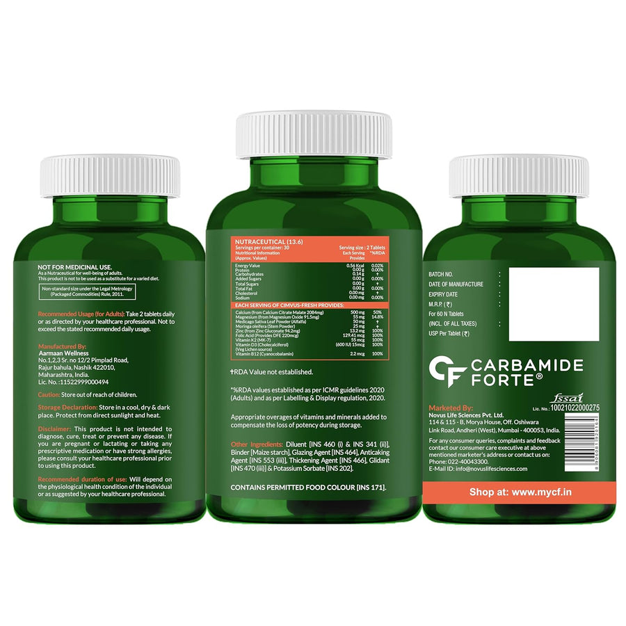 Carbamide Forte Calcium & Vitamin D3 Tablets | Calcium Tablets for Women & Man | Calcium Magnesium Zinc Tablets | Calcium Supplements for Men with Calcium Citrate, Calcium Tablet with Vitamin K2 MK7 & Vitamin B12