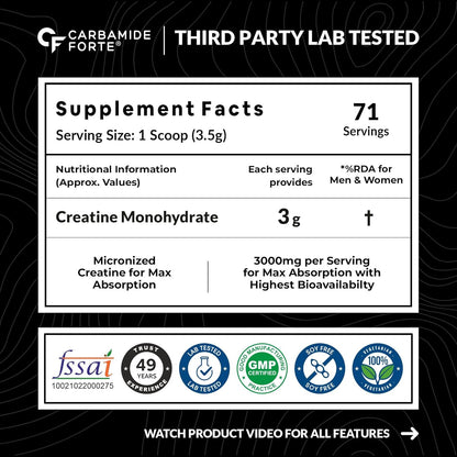 Carbamide Forte Creatine Mono hydrate Powder | Micronized Monohydrate Creatine 103gm | Micronized Monohydrate Supplement for Lean Muscle, Strength & Energy - Fruti Punch- 71 Servings - 250g