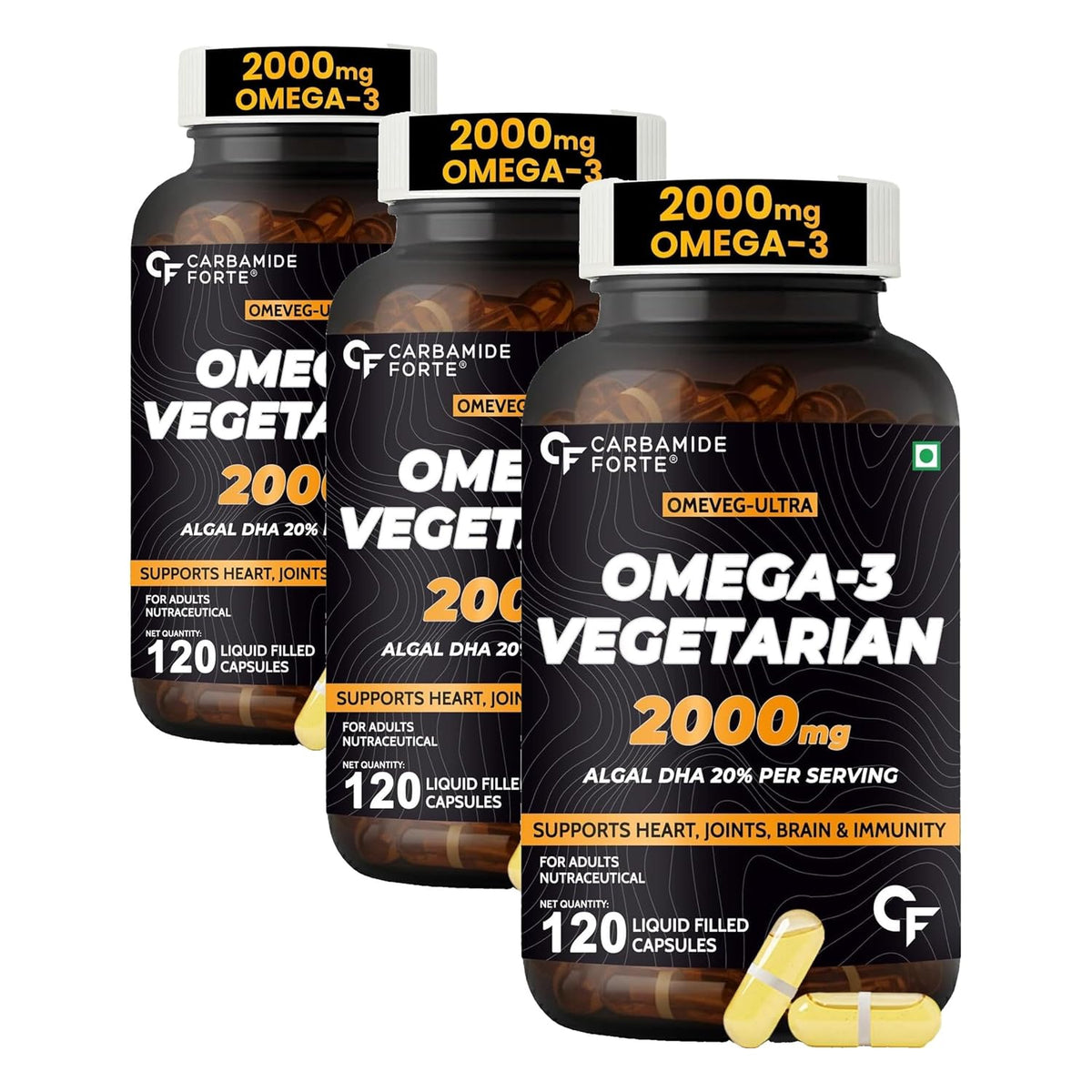 Veg Omega 3 2000mg - 120 Capsules - Carbamide Forte - Pack of 3