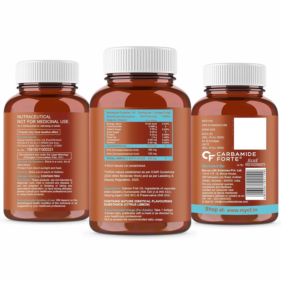 Carbamide Forte Salmon Fish Oil Omega 3 Capsule 1000 mg for Adults -Softgel Capsules 90 Count