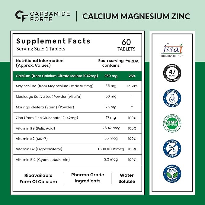 Carbamide Forte Calcium Magnesium & Zinc Tablets with Vitamin D,Vitamin K2-MK7 & B12 | Calcium Tablets for Women and Men, for Bone Health & Joint Support - 60 Tablets