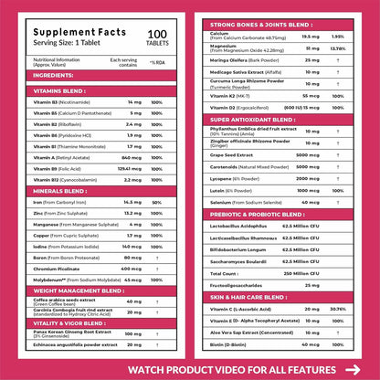 Carbamide Forte Multivitamin Tablets for Women | Multi Vitamin Women’s Wellness | Complete Multivitamin for Women with 43 Ingredients | Women Multivitamin Tablets for Energy & Health-100 Veg Tablets