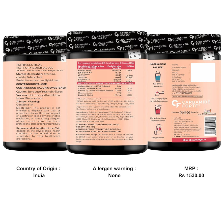 Carbamide Forte Marine Collagen Powder Supplement - for Skin Fish Collagen Powder for Women & Men - 200g Powder - Watermelon Flavour