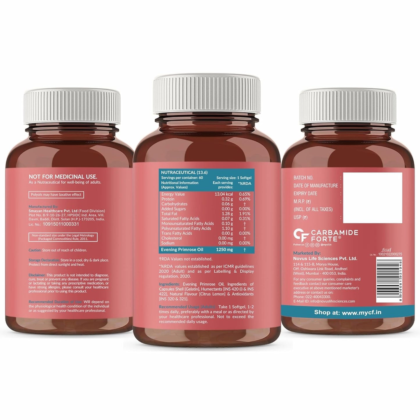 Carbamide Forte Evening Primrose Oil Capsules 1250mg For Women | 100% Pure & Cold Pressed Primrose Oil Capsules | Primosa 1250mg May Support Immunity Boost & Skin Health | Support Hormonal Balance | Hexane & Paraben Free | 60 PrimroseOil Capsule