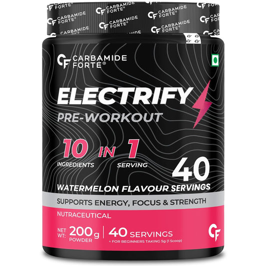 Carbamide Forte Pre Workout Powder | Pre Workout Supplement for Men and Women | Preworkout Supplement with Taurine & Creatine Monohydrate for Energy, Focus & Strength | Watermelon Flavour – 40 Servings - 200g